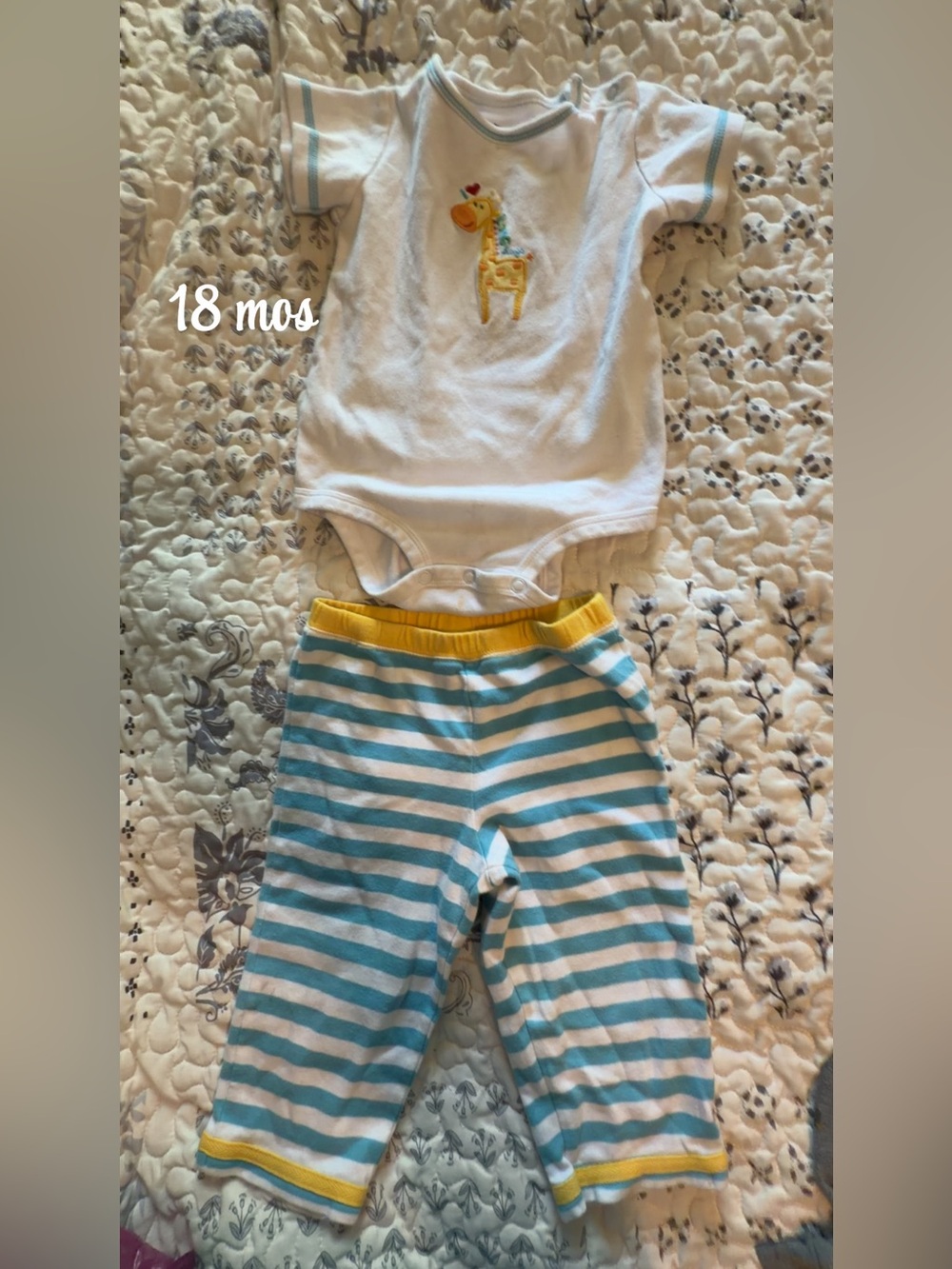 White Onesie with Giraffe Applique & Blue-White Striped Pants